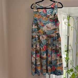 Disney Hawaiian Blue and Pink Scenic Mini Dress XL